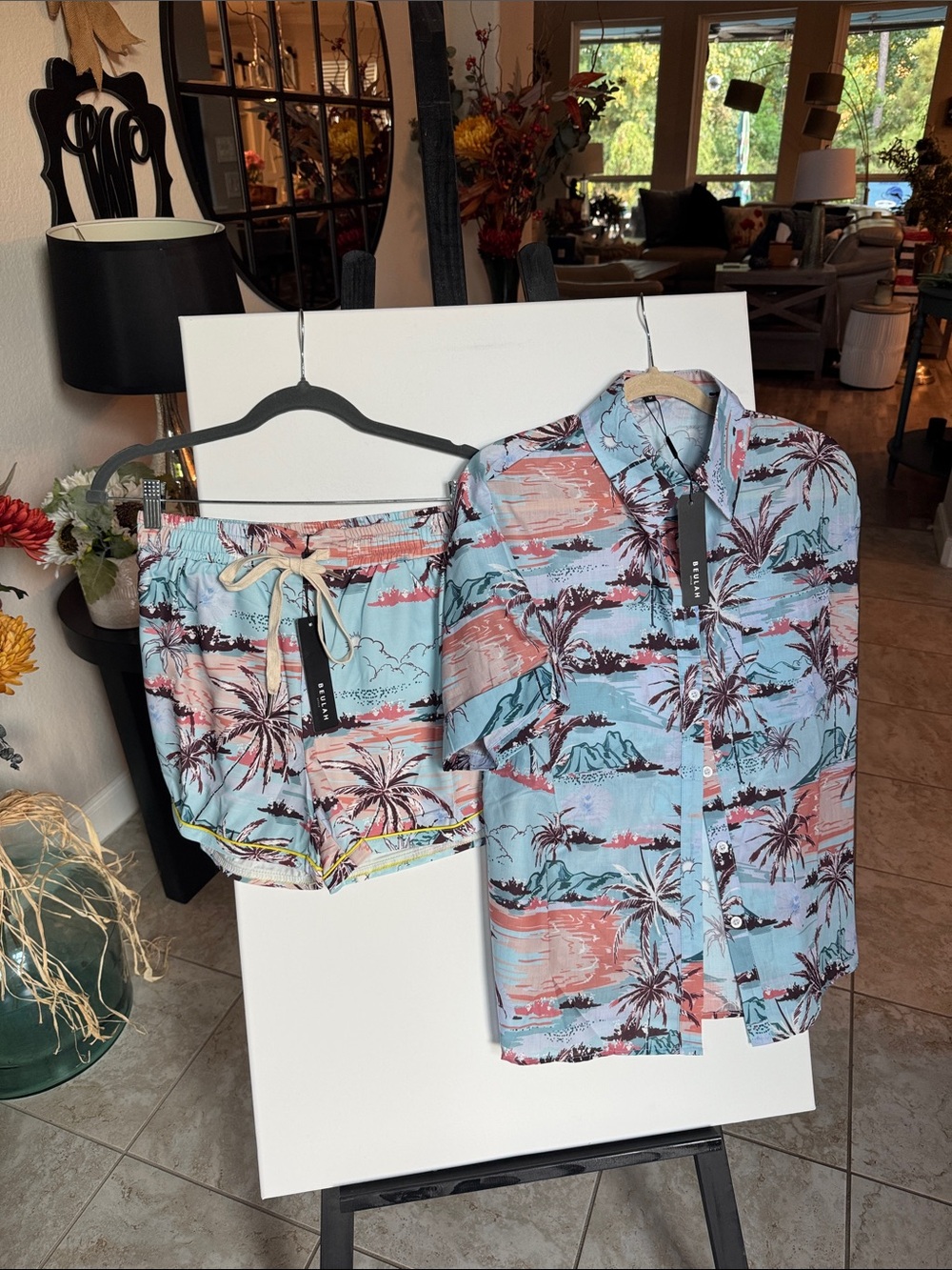 Beulahstyle- Women’s Tropical Print Button-Up Shirt and Shorts Set - Light Blue